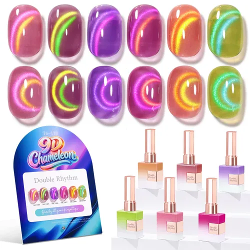 Vista 24 de Double Rhythm - Juego de esmalte de uñas de gel ojo de gato de 6 unidades, mismo color, misma botella, 14.8 ml, brillo con glitter, con imán Aurora