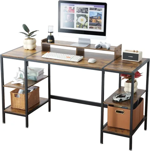 Vista 15 de MINOSYS Escritorio para computadora de 55 pulgadas con estante de almacenamiento - Rosa, ideal para dormitorios, espacios pequeños y oficinas