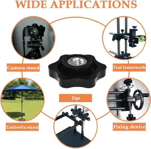 Vista 5 de Aifeier ET 4 piezas Perilla de 1/4"-20 pulgadas Nylon Negro Tipo Atornillable Perillas Roscadas Pasantes con Tuercas Forma de 6 Estrellas Apriete