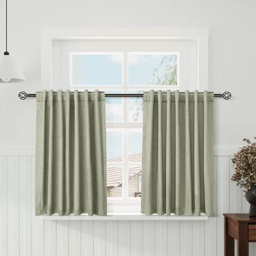 Vista 13 de Cortinas de lino verde aguamarina de 102 pulgadas de largo con pestaña trasera, bolsillo para barra, cortinas de lino opacas que absorben el sonido