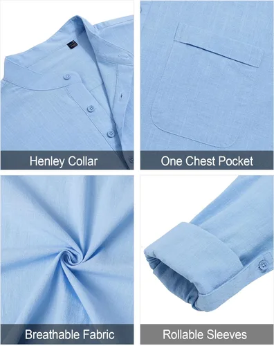 Vista 5 de J.VER Camisas Henley de algodón y lino para hombre, estilo casual, de manga larga, con botones, para la playa, con bolsillo