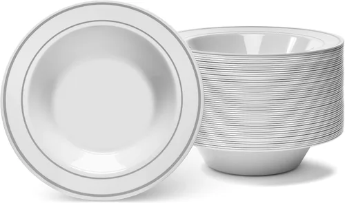 Vista 7 de Oasis Creations Cuencos de marfil con borde dorado, 5 onzas, 50 unidades, plástico duro, desechables o reutilizables, para postres, ensaladas
