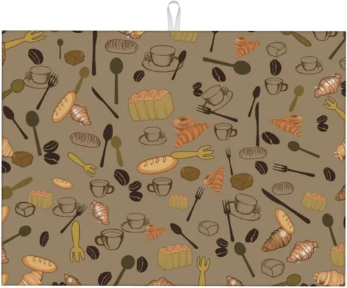 Vista 14 de Pan de comida con cuchara y tenedor tazas de granos de café, alfombrillas de secado de platos con temática de vinatge para encimera de cocina