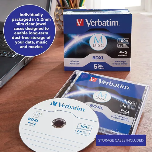 Vista 3 de Verbatim M DISC BDXL 100GB 6X con superficie de marca, medio grabador Blu-Ray en blanco – Caja joyero de 5 piezas, azul
