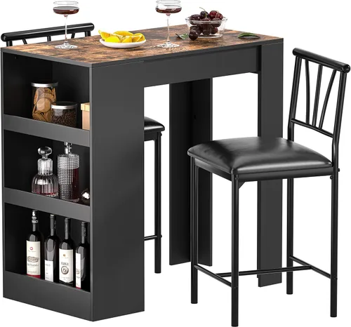 Vista 7 de VECELO Mesa de bar pequeña y sillas de cocina alta rincón de desayuno con taburetes/juego de comedor para 2, estantes de almacenamiento, ahorro