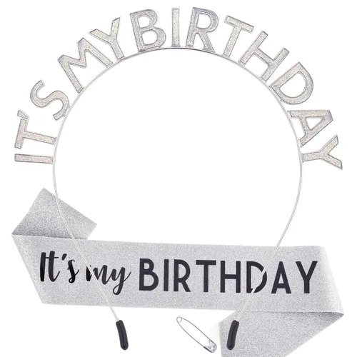 Vista 7 de Coronas, diadema y banda de cumpleaños para mujer con estampados "It's My Birthday" Rosa