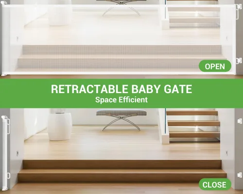 Vista 5 de Newnice 120 Inch Extra Wide Retractable Baby Gates for Large Openings, Dog Gate for The House Indoor Outdoor, Extra Long Baby Pet Gate for Stairs