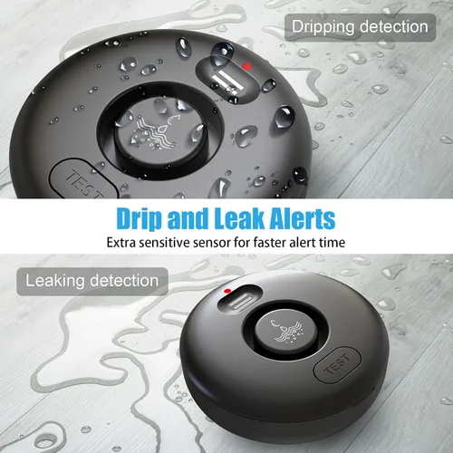 Vista 2 de Paquete de 5 detectores de alarma de fugas de agua negra, sensor de agua de alerta de 120 dB, impermeable IP66, alerta sensible de fugas y goteo