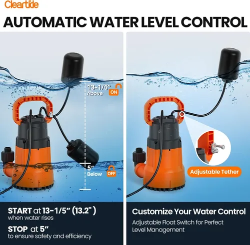Vista 8 de Cleartide Bomba de sumidero de agua sumergible de acero inoxidable con interruptor de flotador, 1/2 HP, 3060 GPH ideal para piscina, patio, bodega