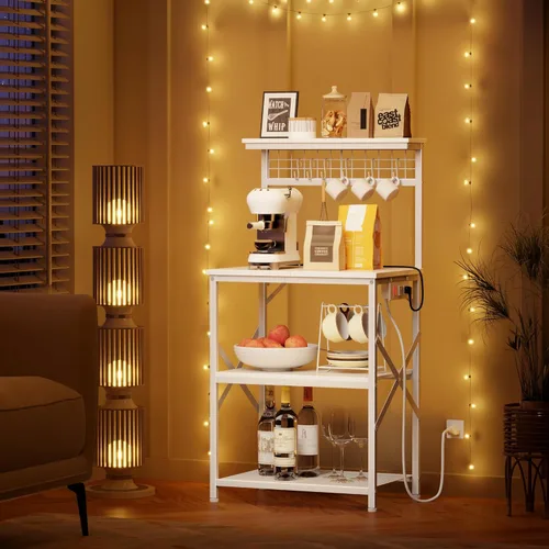 Vista 26 de Furologee Estante para hornear de cocina con toma de corriente, soporte para horno de microondas con almacenamiento de 4 niveles, mesa de café con 6