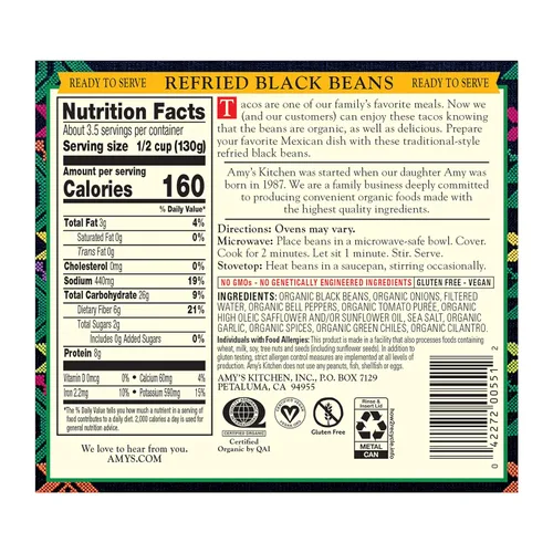 Vista 2 de Una bolsa de 15.4 oz de frijoles negros refritos orgánicos para vegetarianos de Amy's