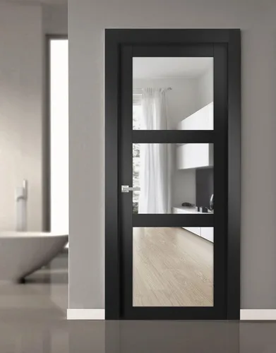 Vista 2 de Lucia 2555 negro mate con vidrio transparente y marco de panel regular, 18 x 80 pulgadas, color negro mate con marco de panel individual, puertas