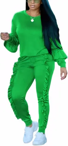 Vista 3 de KANSOON Conjunto deportivo de sudadera con mangas abombadas y pantalones largos con volados para mujer, 2 piezas