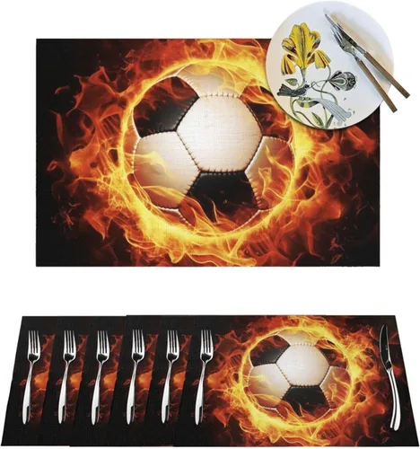 6 PCS PVC Placemats Set Place Mats Burning Football Non-Slip Weave Place Mats 12" x 18" Farmhouse Table Mat Set for Family Dinners Wedding Parties