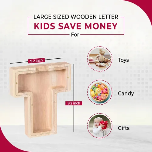 Vista 4 de Personalized Passion Alcancía de madera para niños, niños pequeños y adultos, banco de monedas en forma de letra de gran tamaño, caja de madera