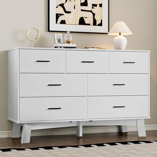 Vista 14 de BORNOON Cómoda para dormitorio con 7 cajones, cómoda moderna de 47.2 pulgadas de ancho con manijas de metal, base en forma de X y pata central