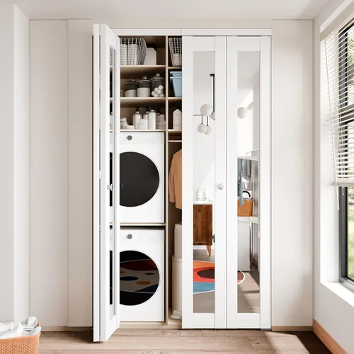 Vista 4 de BARNER HOME Puertas plegables, puertas de armario con espejo completo para abertura de 48" (doble 24") x 80", puerta plegable interior para despensa