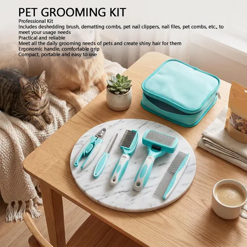 Vista 2 de 6 Pcs Pet Grooming Kit with Dog Brush, Comb, Clipper, File