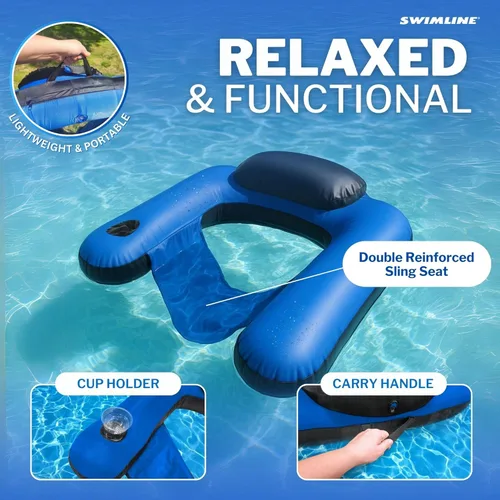 Vista 4 de SWIMLINE ORIGINAL Tumbona Inflable para Piscina con Asiento en U Cubierta de Tela Con Cómodo Asiento de Cabestrillo, Respaldo y Portavasos