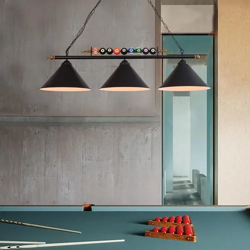 Vista 2 de Lámpara de mesa de billar de 3 luces, iluminación colgante retro vintage para isla de cocina, lámpara industrial moderna de pantalla negra mate