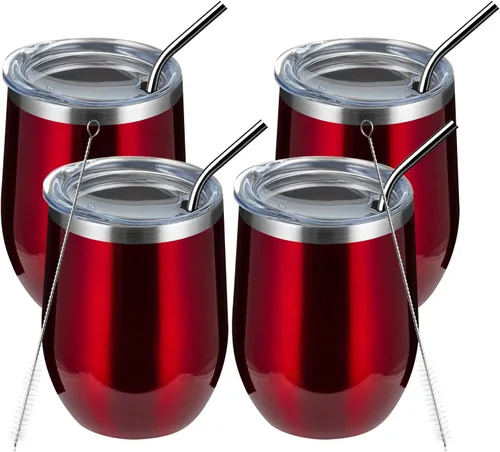 Vista 52 de MEWAY Vaso de vino sin tallo de 12 onzas con tapa, vaso de viaje de acero inoxidable con aislamiento de doble pared al vacío con popote, para Negro