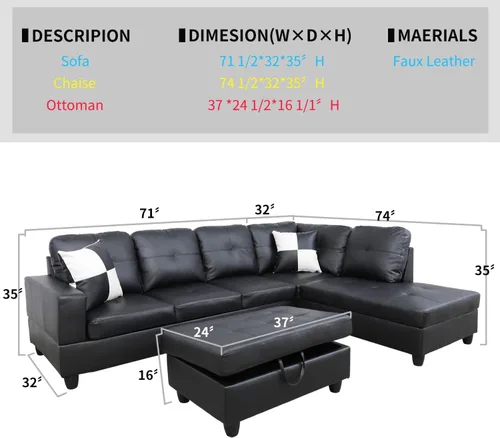 Vista 2 de Juego de sofá seccional de cuero negro para sala de estar, sofá seccional de piel sintética negra de 105 pulgadas, sofá en forma de L con otomana