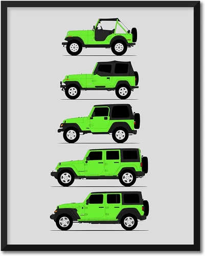Vista 16 de Custom Car Posters Póster hecho a mano compatible con Jeep Wrangler Generations e impresión de CJ, YJ, TJ, JK, JL - Multi, impresión metálica de 8 x