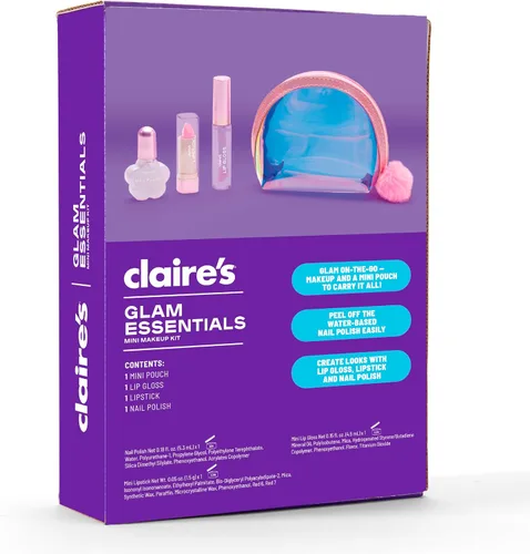 Vista 9 de Claire's Glam Essentials - Kit de maquillaje para niños, juego de cosméticos reales de 4 piezas con mini bolsa, brillo de labios, lápiz labial