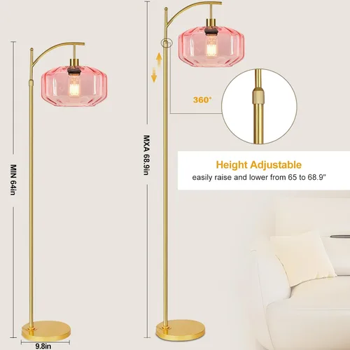 Vista 6 de Lámparas de pie doradas para sala de estar, dormitorio, lámpara de pie de cristal con control remoto y pantalla rosa, lámpara de pie regulable