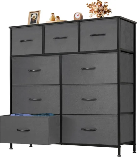 Vista 17 de OLIXIS Cómoda de almacenamiento de 9 cajones con tapa de madera - Organizador de cómoda de tela ancha para dormitorio, clóset, sala de estar