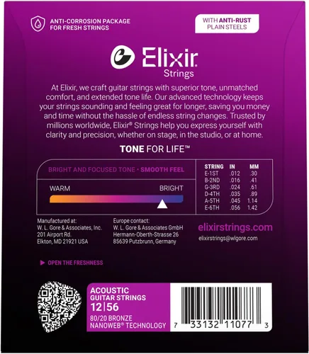 Vista 2 de Elixir, cuerdas de bronce para guitarra acústica 80/20 con recubrimiento Polyweb, extralivianas (.010-.047)