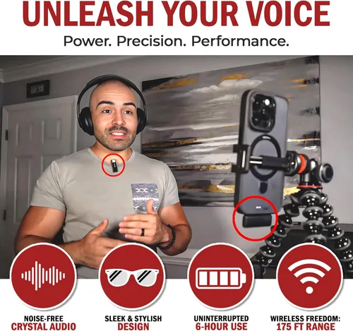 Vista 2 de Micrófono Lavalier inalámbrico para iPhone y todos los dispositivos, paquete de 2 micrófonos de 2.4 GHz, audio con cancelación de ruido, largo
