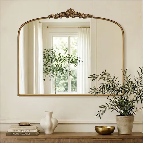 Vista 10 de Espejo de pared arqueado de oro antiguo, 36 x 28 pulgadas con marco de cuentas de metal, espejo decorativo para chimenea, dormitorio, sala de estar