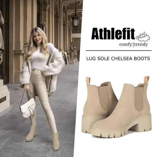 Vista 2 de Athlefit Botas Chelsea de moda para mujer, tacón grueso, sin cordones, elásticos y tobilleros