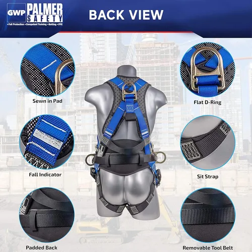Vista 3 de Palmer Safety Kit de protección contra caídas, arnés de seguridad de 5 puntos, cordón de doble pierna de 6 pies, extensor de anillo en D de 18 Azul