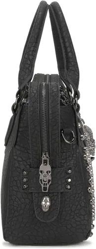 Vista 5 de Bolso de mano y monederos PU Satchel Skull Rivet Hombro Tote Top Handle Bag Negro Remache de calavera
