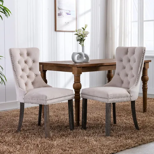 Vista 219 de Juego de 2 sillas de comedor modernas para sala de estar, cocina, patas de madera maciza, cojín acolchado de tela de lino, asiento y respaldo