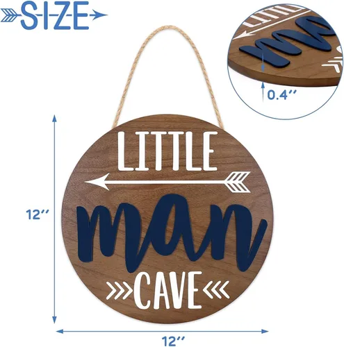 Vista 4 de Letrero redondo de madera con diseño de cueva de Little Man para puerta de niño pequeño, cuarto de bebé, arte de pared, madera natural, dormitorio