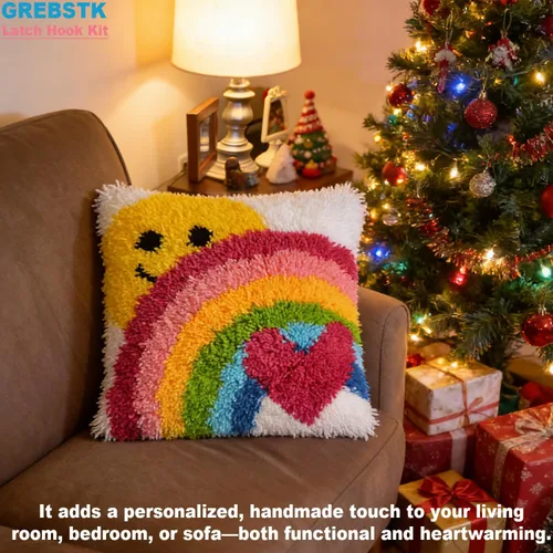 Vista 4 de GREBSTK Kit de gancho de pestillo DIY funda de almohada de sofá, cojín de sofá, patrón de sol y arcoíris, punto de cruz pintado, 16x16 pulgadas