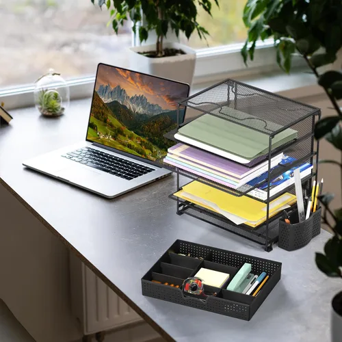 Vista 6 de Simple Houseware Bandeja de archivos de documentos de 5 niveles con cajón deslizante de suministros y cubo para bolígrafos, color negro