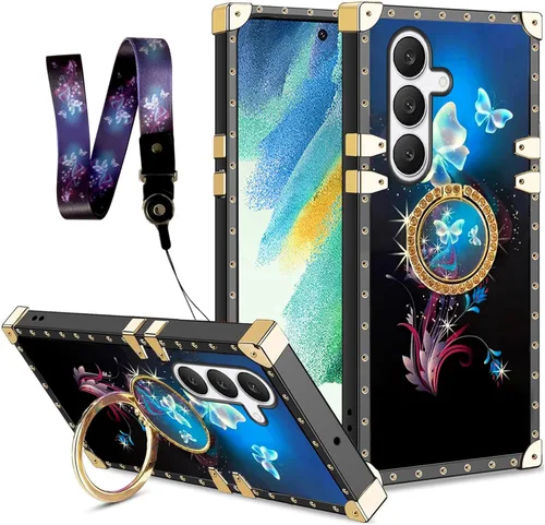 Vista 19 de nancheng for Samsung Galaxy S24 FE Case for Girls Women Stylish Luxury Bees Design Case with Ring Stand Holder + Strap Lanyard Shockproof Protection