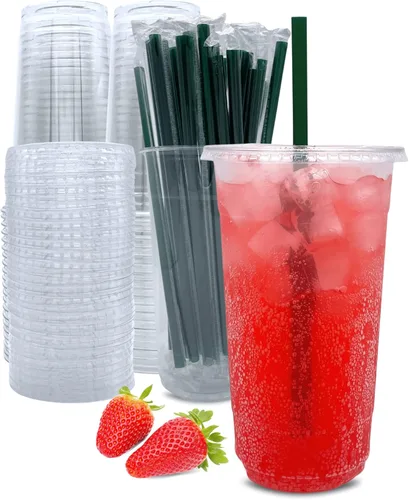 Vista 9 de Vasos de plástico transparente de 12 onzas con tapas y pajitas, tazas de café desechables, 25
