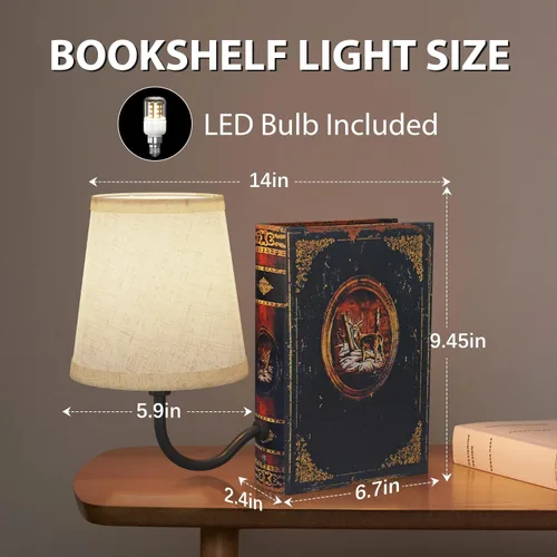 Vista 4 de Juego de dos lámparas vintage para estantería recargable, lámpara de libro inalámbrica con pantalla de lino, lámpara de mesa regulable con control