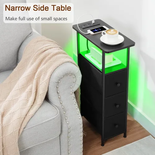 Vista 4 de Narrow End Tables Living Room Set of 2 with Charging Station, Skinny Side Table with Fabric Drawers, Slim LED Nightstand for Bedroom, Small Spaces