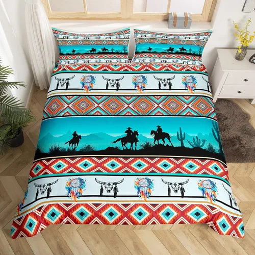 Vista 53 de Erosebridal Juego de funda de edredón estilo bohemio occidental tamaño individual, diseño de vaca atrapasueños del suroeste, juego de ropa de cama