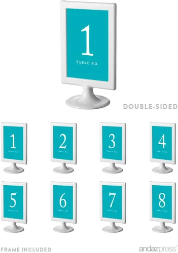 Vista 2 de Andaz Press Mesa enmarcada de doble cara números 1-8, turquesa aguamarina, 1 juego, 4 x 6 pulgadas, incluye marcos