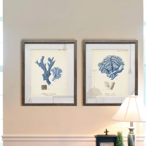 Vista 3 de Renditions Gallery Antique Coral in Navy (1) 2 Piece Framed Artwork Set, Underwater Ocean Themed Pair, Blue, Modern Distressed Silver Frame, White