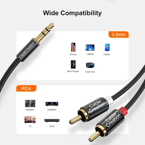 Vista 8 de Cablecreation Cable de audio RCA macho a cable macho de 3,5mm bifurcador en Y diseño para audio estéreo RCA, color negro, Negro