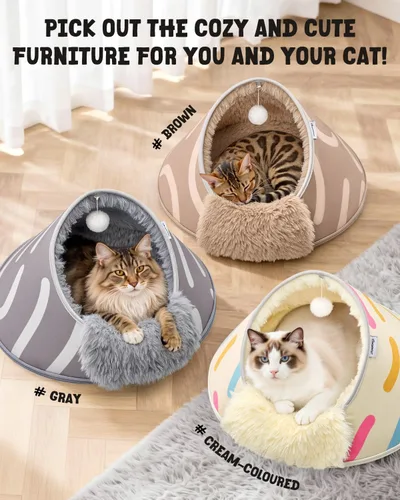 Vista 7 de BurgeonNest Cueva redonda de 20 pulgadas para gatos, cama cerrada con capucha para mascotas para gatos de interior, acogedora cueva anticolapso