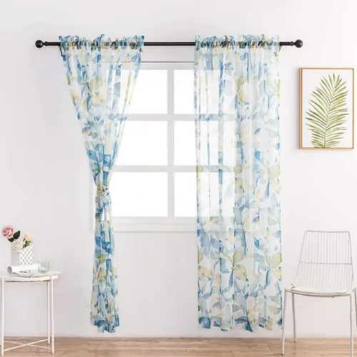 Vista 7 de VISIONTEX Cortinas transparentes con estampado de gasa, estilo abstracto europeo, estampado de hojas azules y amarillas, 2 paneles para decoración